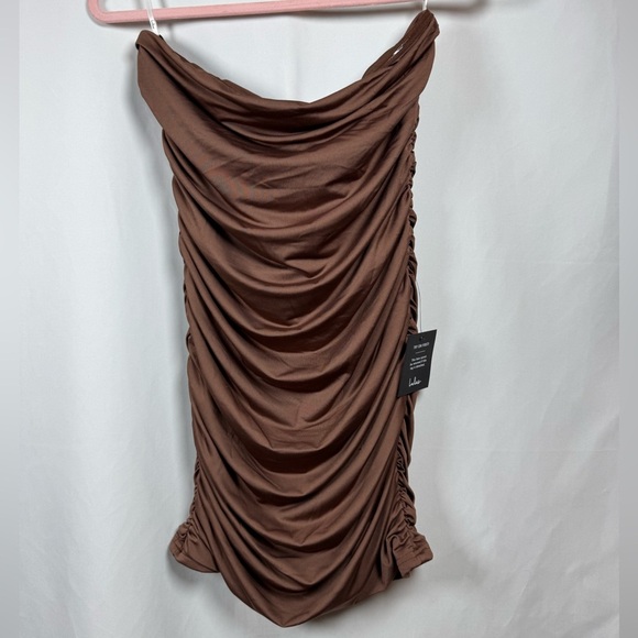 Lulus Strapless Ruched Mini Dress Taupe L - Picture 1 of 8